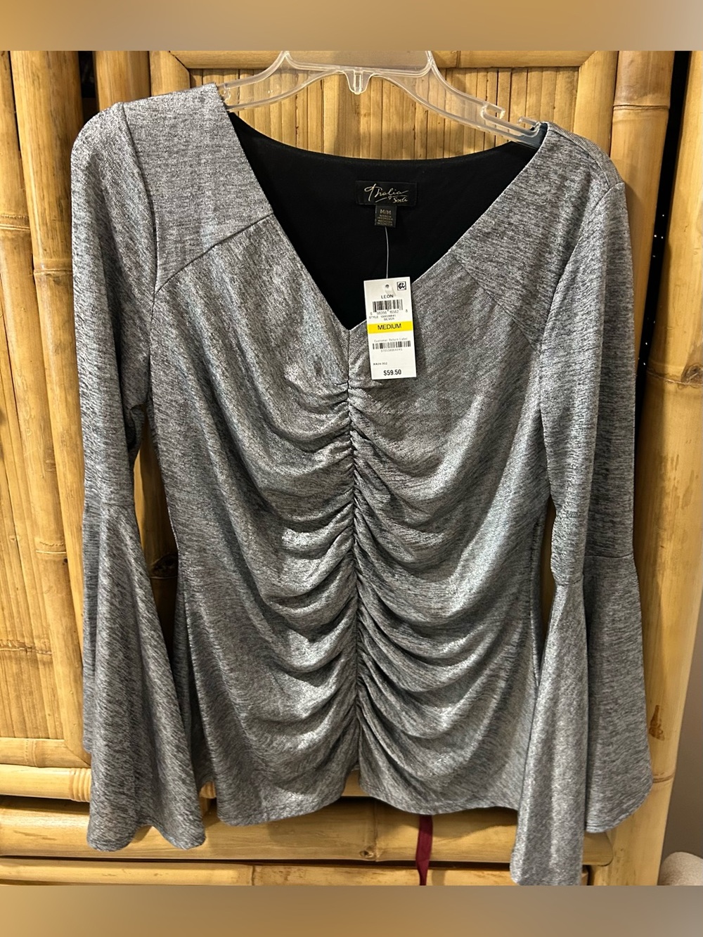 Thalia Sodi Silver Metallic Ruched Bell Sleeve V-Neck Top - NWT Medium